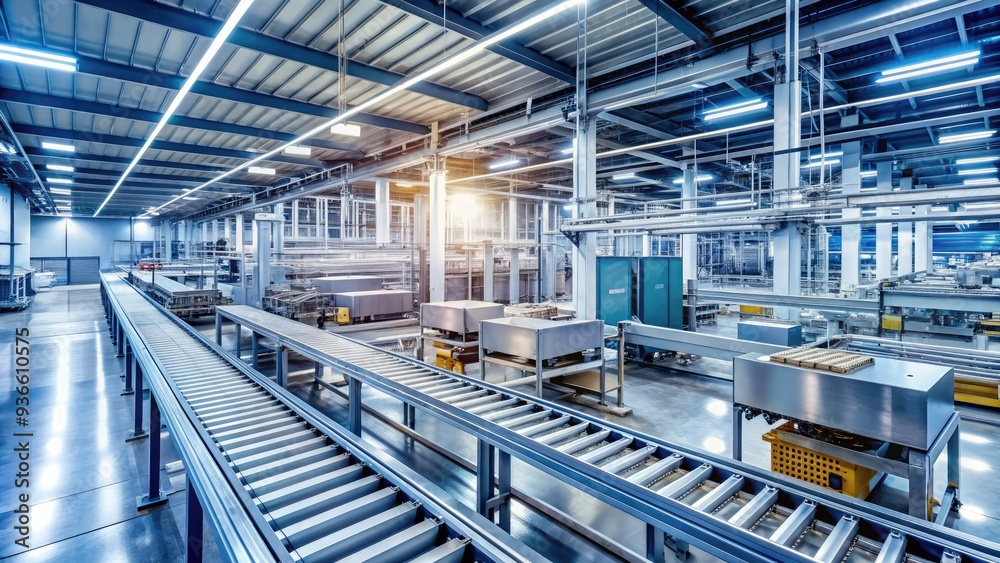 Modern industrial factory interior with automated machinery and conveyor belts producing goods on a sleek, stainless steel production line against a blurred background. Modern industrial factory interior with automated machinery and conveyor belts producing goods on a sleek, stainless steel production line against a blurred background.