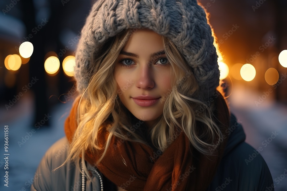 portrait of smiling frozen young woman with long wavy blond hair in warm knitted scarf and hat in evening winter park with blurred bokeh background portrait of smiling frozen young woman with long wavy blond hair in warm knitted scarf and hat in evening winter park with blurred bokeh background
