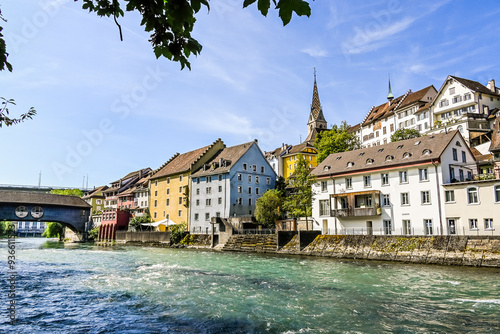 Stadt Baden, katholische Kirche, Altstadt, Altstadthäuser, Holzbrücke, Limmat, Fluss, Flussufer, Uferweg, Aargau, Sommer, Schweiz photo