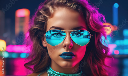 A woman with blue sunglasses and blue lipstick stares intensely at the camera, with the lights of the city reflected in her glasses