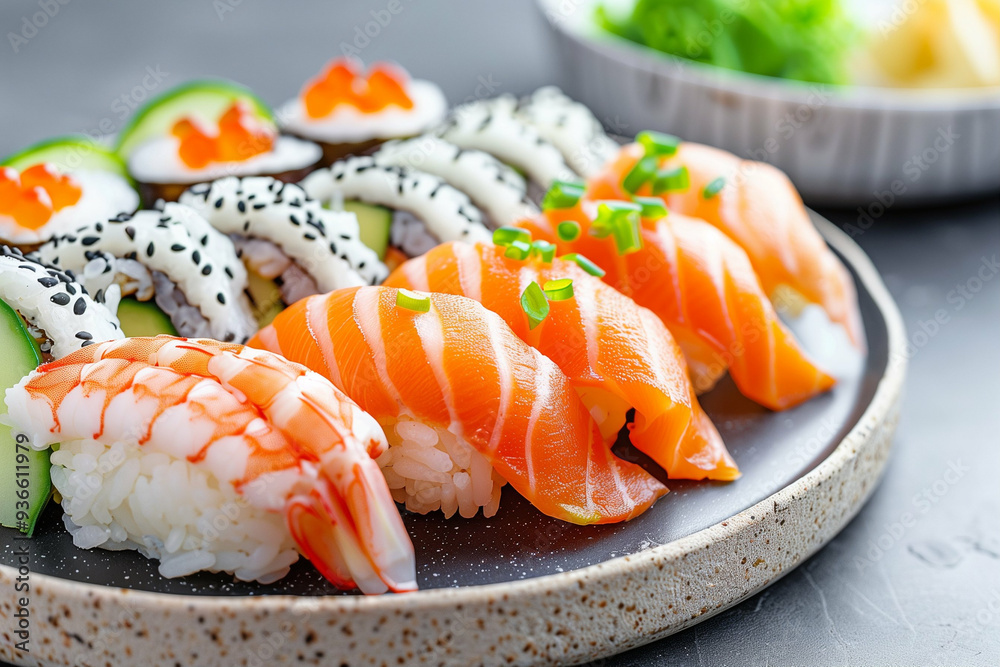 Sushi Platter with Fresh Salmon Shrimp and Colorful Garnishes. Delicious Japanese Food Presentation with Varieties of Sushi Types and Ingredients Sushi Platter with Fresh Salmon Shrimp and Colorful Garnishes. Delicious Japanese Food Presentation with Varieties of Sushi Types and Ingredients