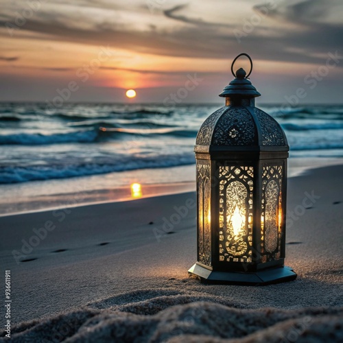 Ramadan Lantern lights on the beach with sunset view, Ramadan Kareem and Eid al-Fitr background