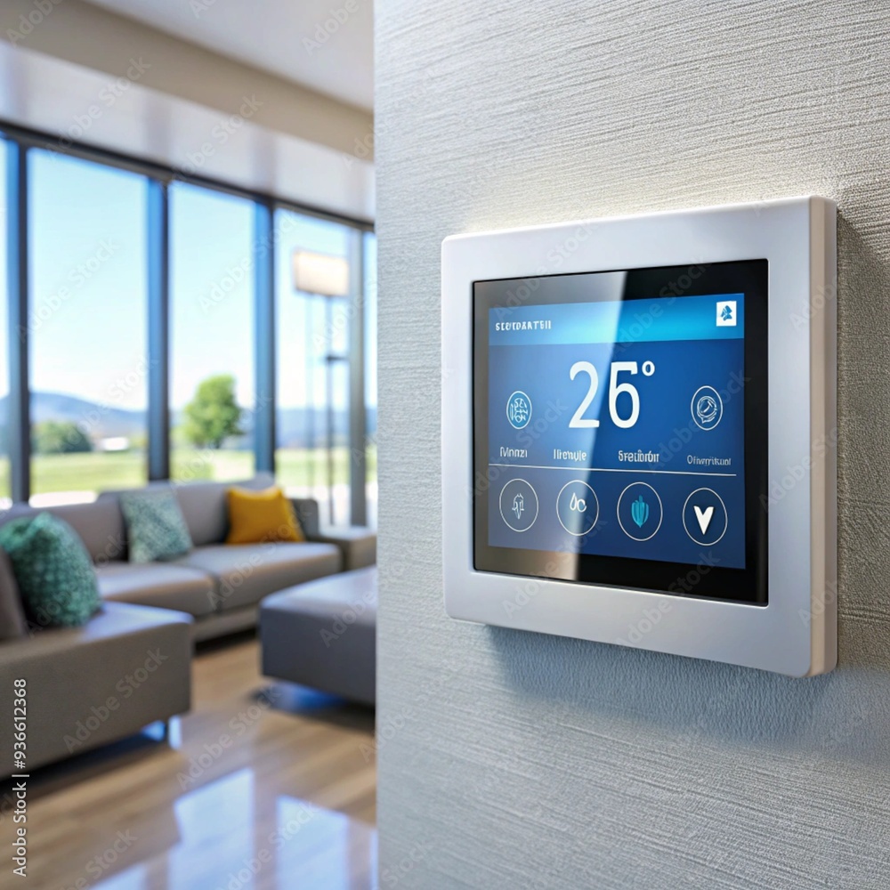 A smart thermostat interface displayed on a wall, showing temperature control and energy-saving features. A smart thermostat interface displayed on a wall, showing temperature control and energy-saving features.