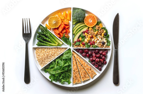 Plate divided into sections each filled with a variety of healthy foods representing a balanced diet