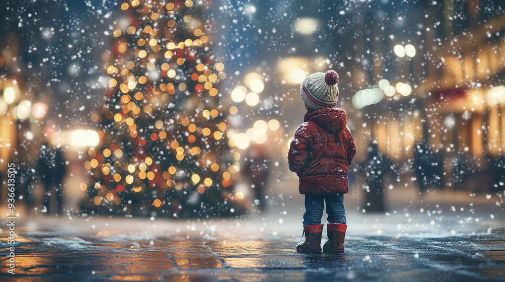 a little boy looks at the New Year tree in the center of New York, in snowy weather, family holiday a little boy looks at the New Year tree in the center of New York, in snowy weather, family holiday