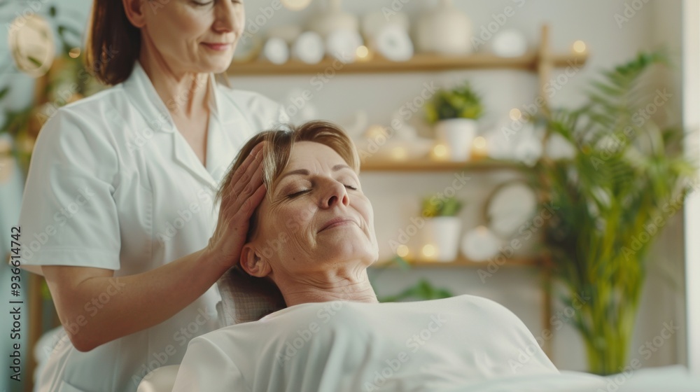Fototapeta premium A skilled therapist gently applies a facial massage to a middle-aged woman, who appears to be enjoying a moment of relaxation in a tranquil spa setting with natural decor