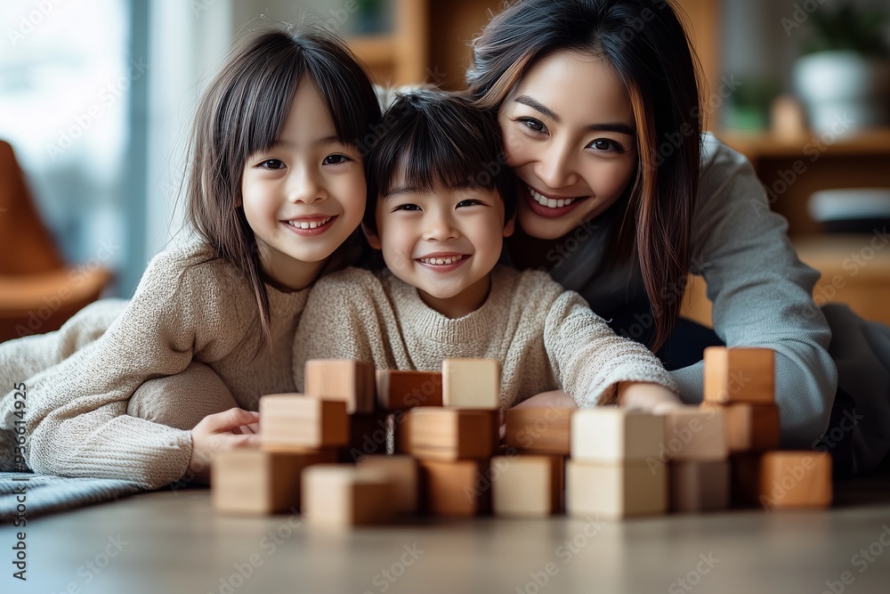 Obraz premium Closeup of happy family having fun with wooden block