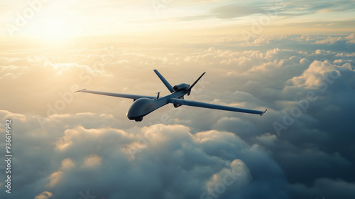 military drone flies in beautiful clouds