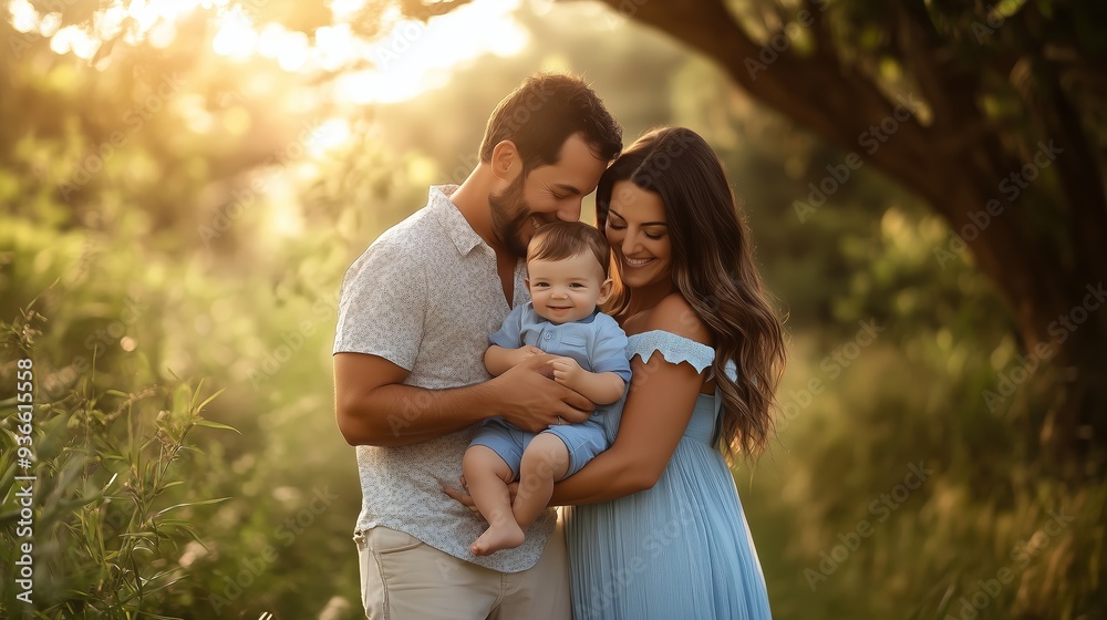 A joyful family moment captured in a sunlit meadow, with parents holding their smiling baby boy during a warm evening in summer A joyful family moment captured in a sunlit meadow, with parents holding their smiling baby boy during a warm evening in summer