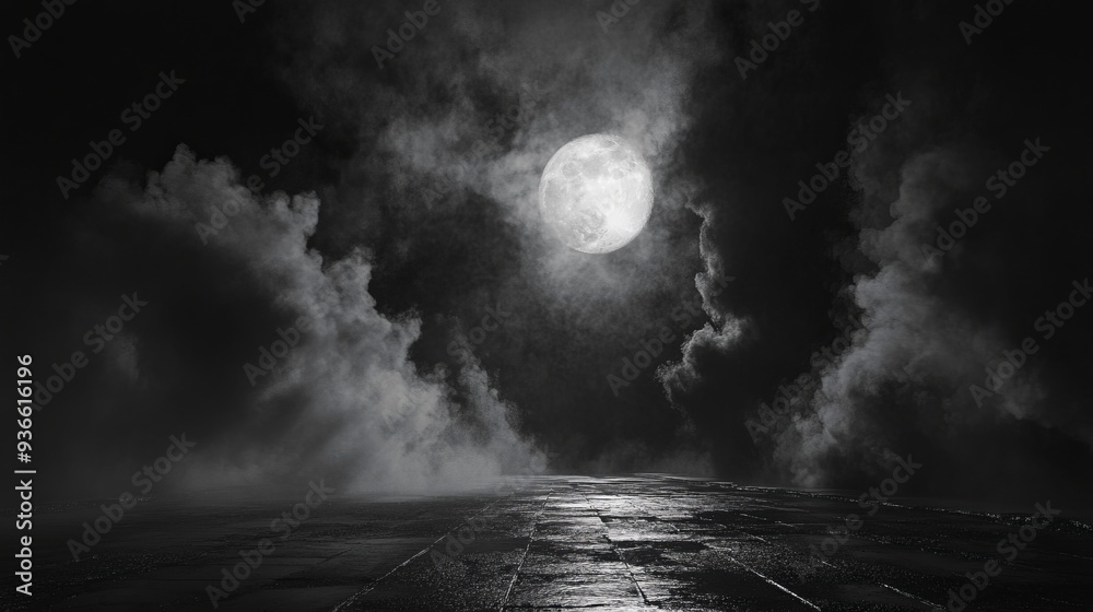 Dramatic black and white background featuring a cloudy night sky, moonlight, and reflections on the pavement. Includes smoke and fog on a dark street, creating a cold, futuristic night landscape. Dramatic black and white background featuring a cloudy night sky, moonlight, and reflections on the pavement. Includes smoke and fog on a dark street, creating a cold, futuristic night landscape.