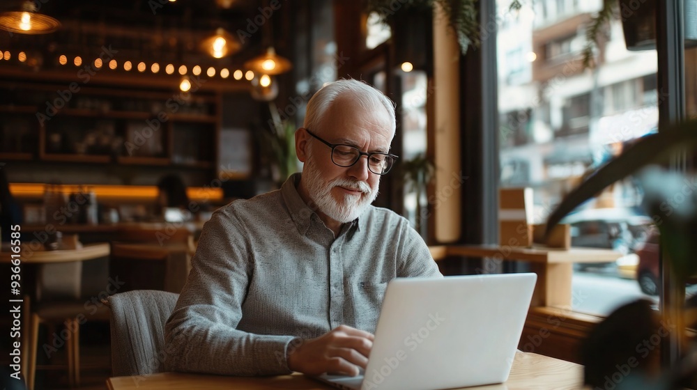 Middle aged man working on laptop at table in coffee shop Middle aged man working on laptop at table in coffee shop