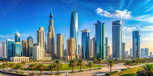 Modern urban landscape of Kuwait City featuring sleek skyscrapers, with the majestic Al Hamra Tower dominating the skyline in a bright blue sunny day. photo