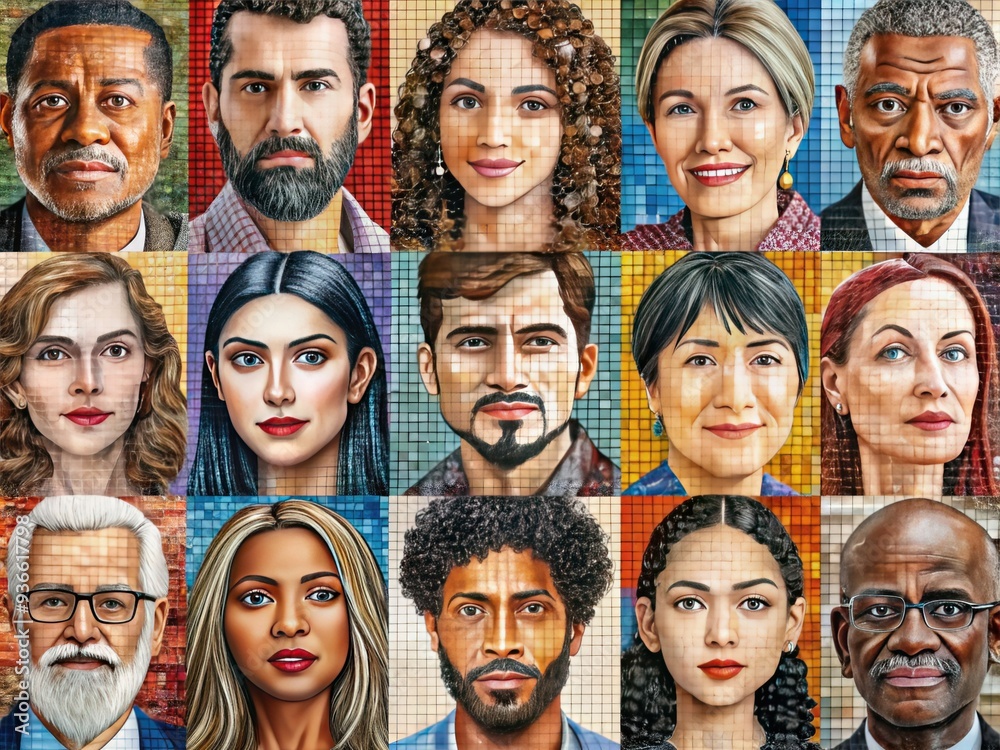 Mosaic face composed of narrow stripes featuring diverse portraits of individuals from various ages, genders, and nationalities, symbolizing unity, equality, and embracing individuality. Mosaic face composed of narrow stripes featuring diverse portraits of individuals from various ages, genders, and nationalities, symbolizing unity, equality, and embracing individuality.