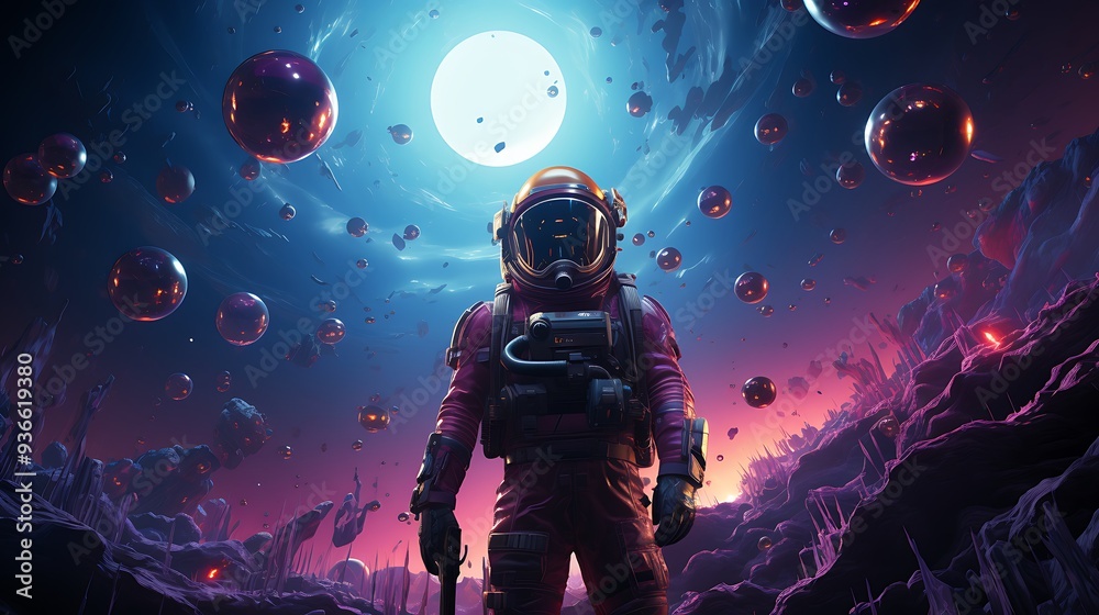 A quirky character wearing a space helmet and holding a ray gun, floating among planets and stars on a cosmic purple background