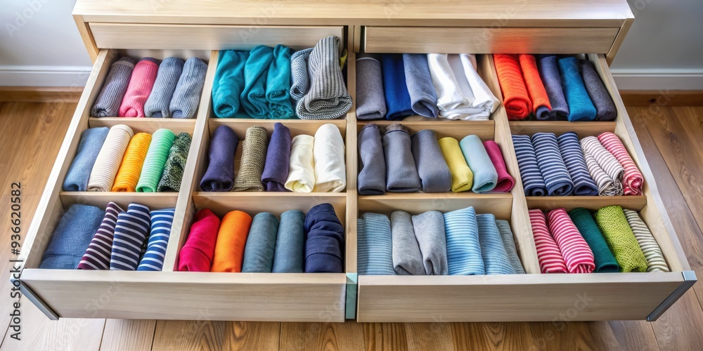 Neatly organized women's clothing and undergarments, including T-shirts and socks, are tidily stored in a drawer, showcasing a clutter-free wardrobe management concept.