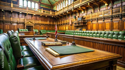 Official documents and pens on a wooden desk in a UK parliament setting, symbolizing the creation and enactment of new laws and legislation in the country.
