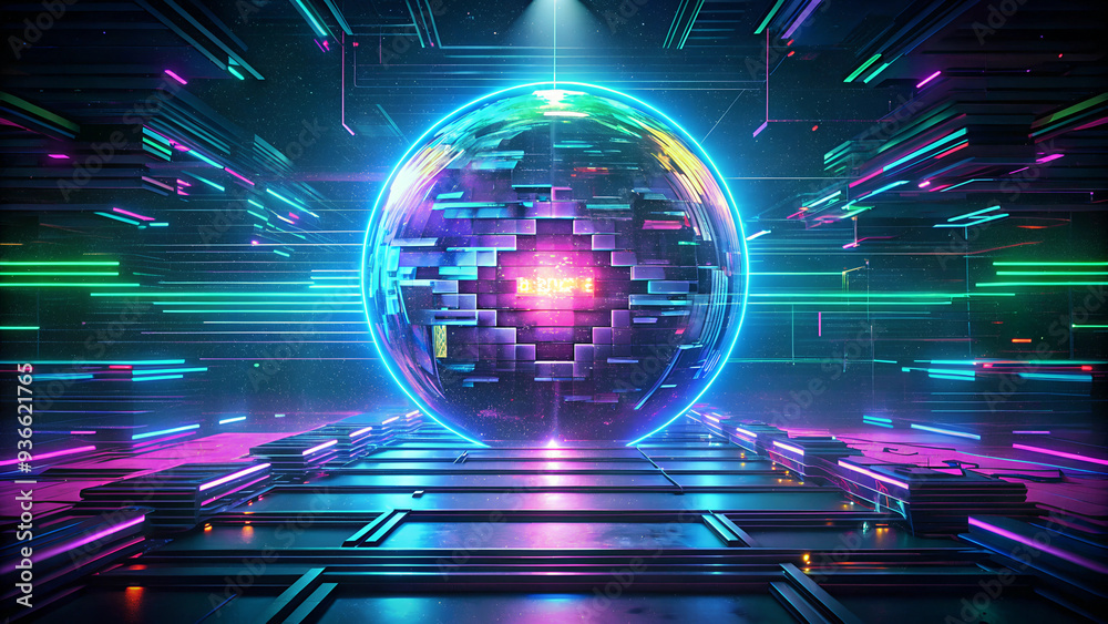 Fototapeta premium Futuristic neon sphere glowing with vibrant colors in a digital circuit environment 