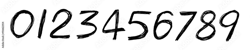 Grunge charcoal scribble freehand numbers from 0 to 9. Typographic hand drawn rouge digits, in chalk or marker texture and punk scratches. Vector illustration of hand painted scrawl numbers