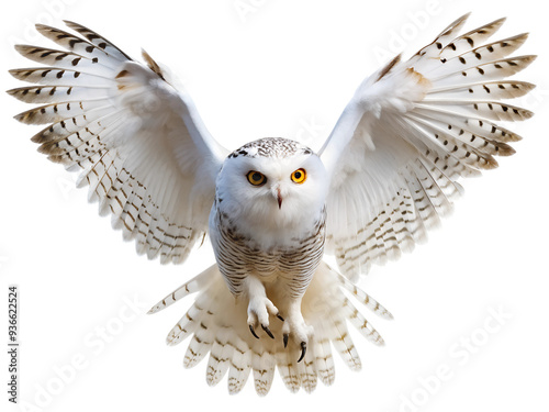 The white owl is spreading its wings and flying isolated on a transparent background