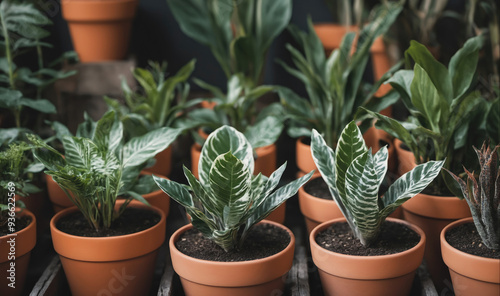 A collection of potted plants with white stripes on their leaves sits on a wooden shelf