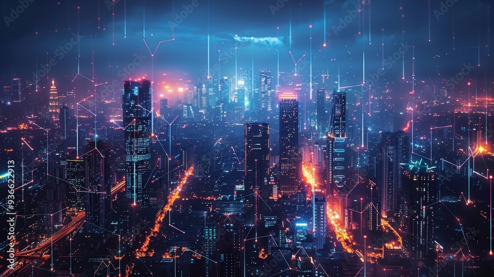 Fototapeta premium Futuristic cityscape with digital connections - generative ai
