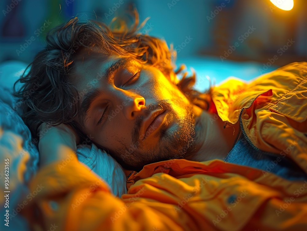 Man Sleeping Peacefully in Bed with Warm Light Man Sleeping Peacefully in Bed with Warm Light