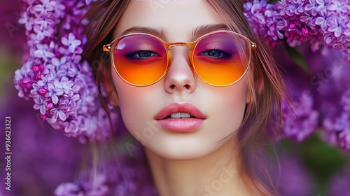 Beautiful girl in close-up wearing vibrant sunglasses against a backdrop of lilac flowers in bloom