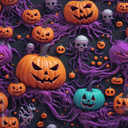 Halloween-themed digital illustration with pumpkin faces, purple vines, and various spooky elements.
