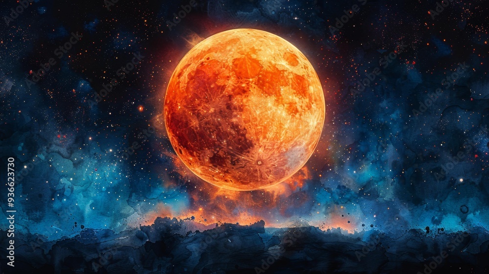 Fiery Red Moon in Starry Night Sky Generative AI Fiery Red Moon in Starry Night Sky Generative AI