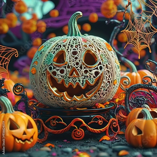 Elegant Jack-o'-lantern with intricate carvings surrounded by smaller pumpkins, artistic Halloween theme.
