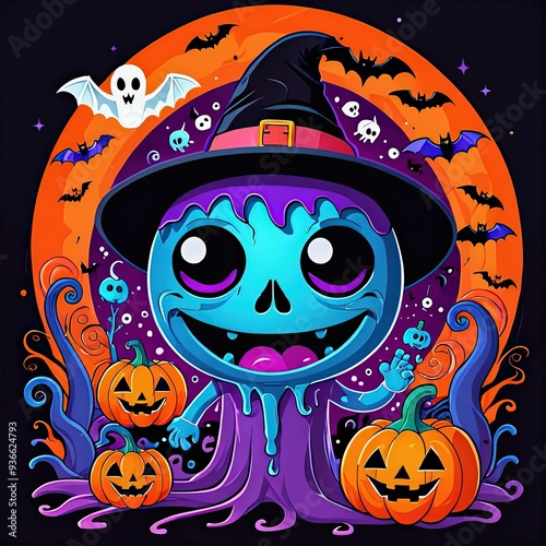 Blue melting skeleton with witches hat surrounded by pumpkins, ghosts, bats and Halloween decorations.