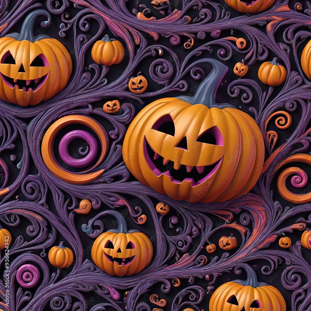Cheerful Jack-o'-lanterns with swirled elements creating a festive and mystical Halloween atmosphere. Cheerful Jack-o'-lanterns with swirled elements creating a festive and mystical Halloween atmosphere.