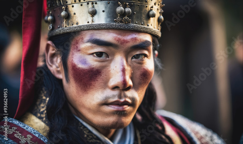 A man in a crown stares intensely at the camera, wearing intricate makeup on his face photo