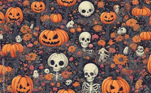 Skull and skeletons amongst pumpkins, Halloween flowers and creepy woodland in eerie Halloween scene.