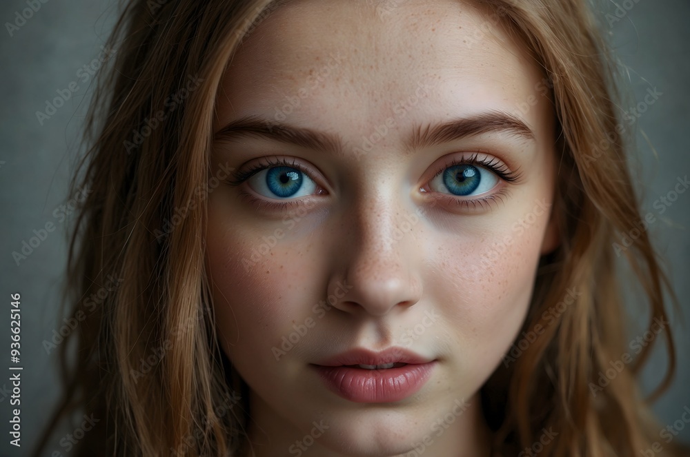 Portrait of a beautiful young woman with blue eyes and brown hair. Portrait of a beautiful young woman with blue eyes and brown hair.
