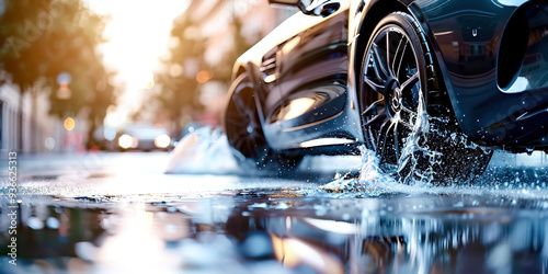 Car in rainy weather with puddle
