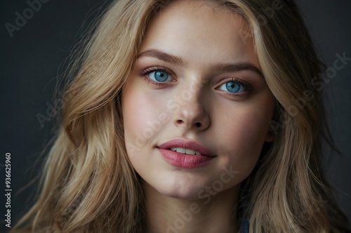 Portrait of a beautiful young woman with blue eyes and brown hair.