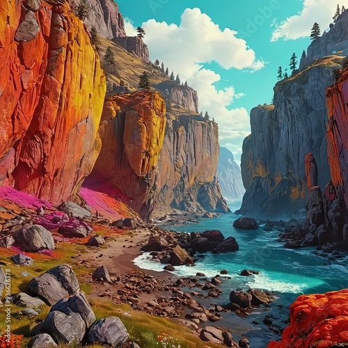 Colorful vibrant gorge landscape with bright orange cliffs, blue river, and clear sky surrounded by nature.