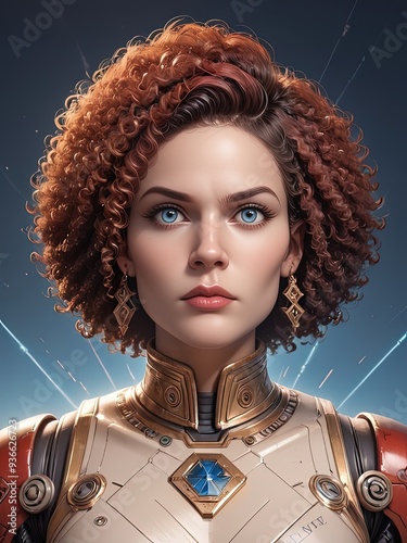 Woman with curly hair in advanced armor, set against a high-tech background, determined expression.