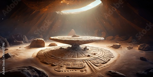 Ancient underground chamber with a circular stone table and intricate carvings, illuminated by natural light.