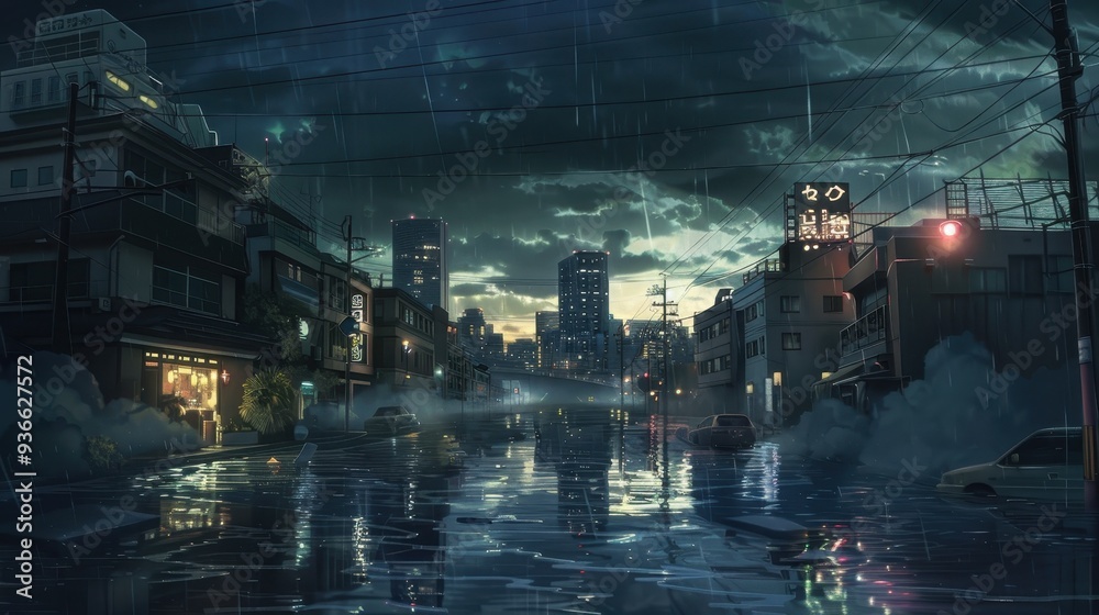 Floodwaters engulf a bustling urban area during twilight, casting reflections from colorful city lights against the submerged buildings Floodwaters engulf a bustling urban area during twilight, casting reflections from colorful city lights against the submerged buildings