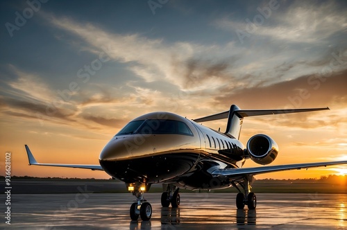 The business Jet plane is parked at the airport.Luxury class. photo