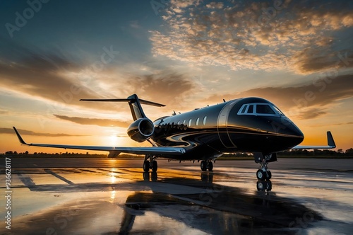 The business Jet plane is parked at the airport.Luxury class.