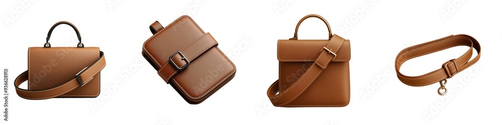 Collection of stylish brown leather bags, showcasing different designs and functions for everyday use. Collection of stylish brown leather bags, showcasing different designs and functions for everyday use.
