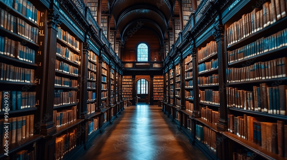 Library where each book is a portal to another dimension symbolizing the infinite search for knowledge Library where each book is a portal to another dimension symbolizing the infinite search for knowledge