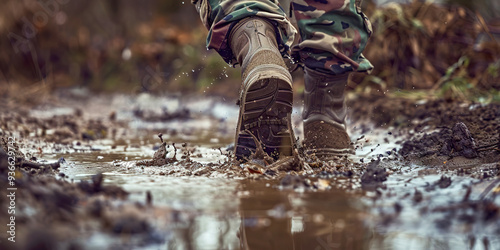 Fototapeta Naklejka Na Ścianę i Meble -  A soldier in the mud goes to war
