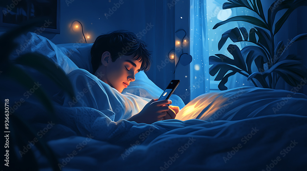 Young Man Browsing Smartphone in Bed at Night Young Man Browsing Smartphone in Bed at Night