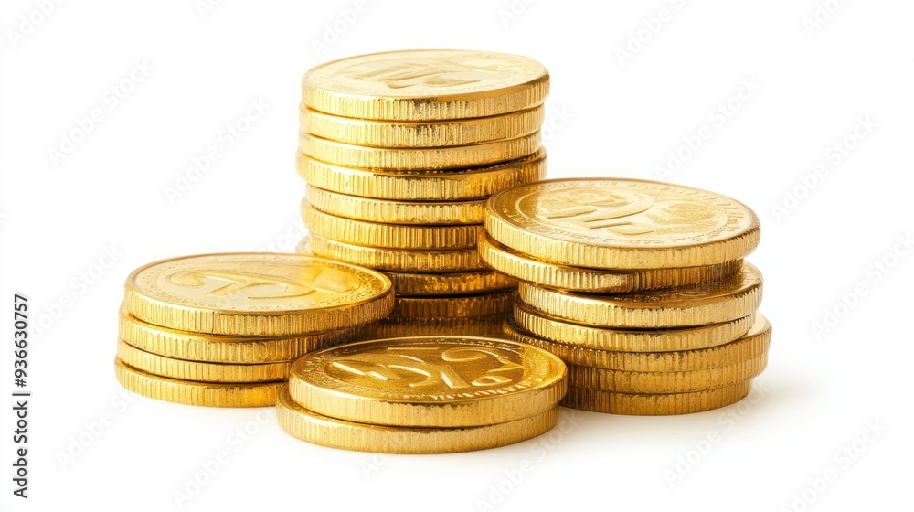 Stacks of Shiny Gold Coins on White Background Stacks of Shiny Gold Coins on White Background