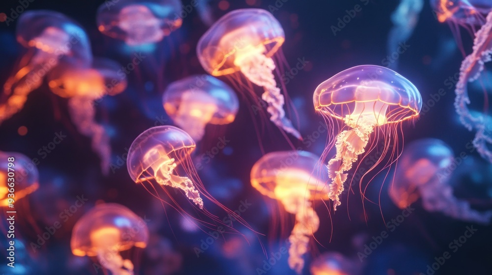 Close-up of Bioluminescent Jellyfish Swimming in Dark Water Close-up of Bioluminescent Jellyfish Swimming in Dark Water