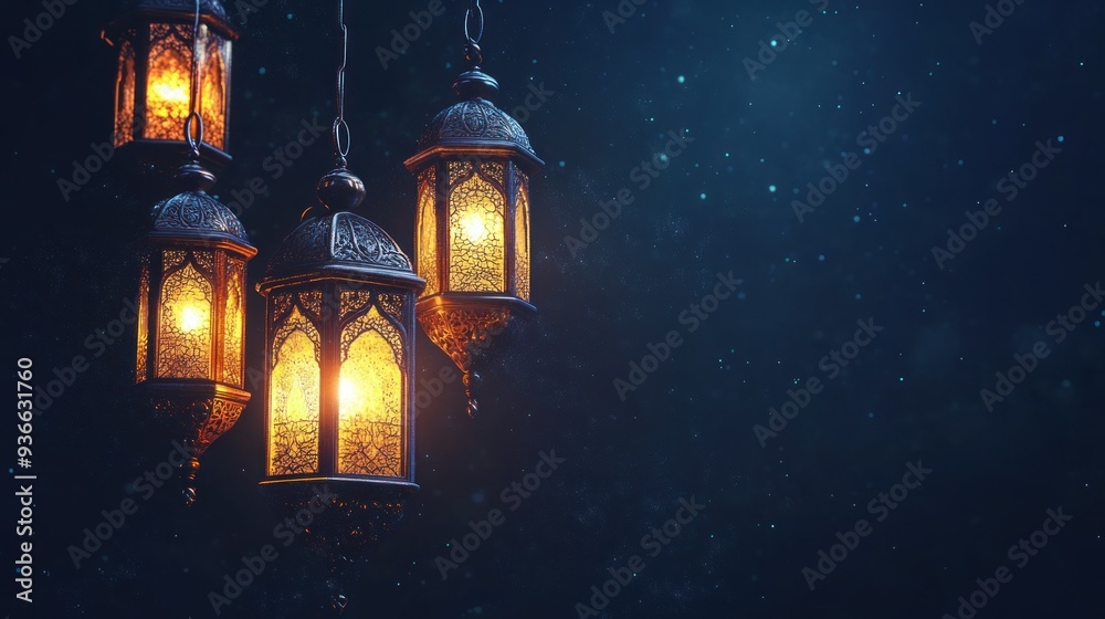 Ornate Lanterns Hanging Against a Dark Blue Sky with Shimmering Dust Ornate Lanterns Hanging Against a Dark Blue Sky with Shimmering Dust
